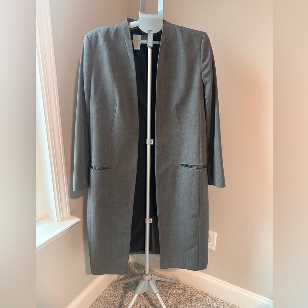 DKNY Longline Wool Blend Blazer Jacket 14 | Grey Open Front Duster Coat Trench